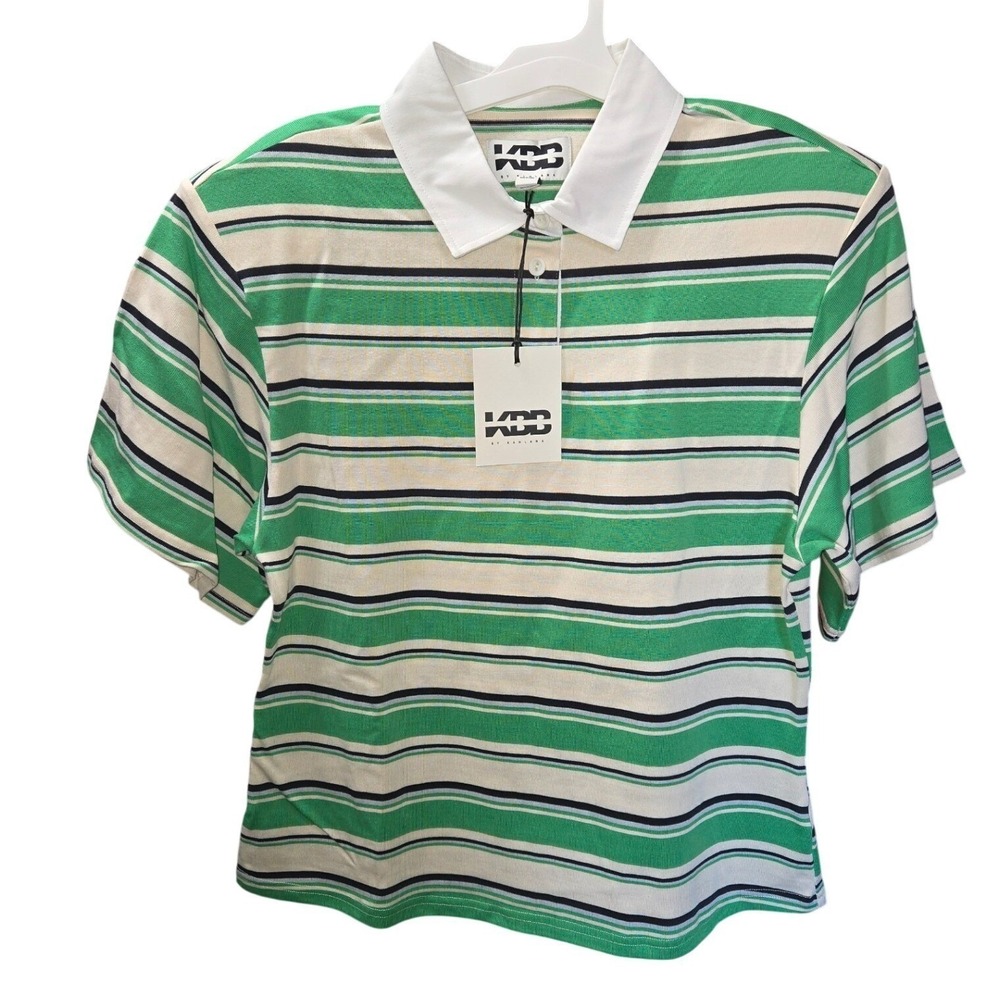 KBB by Kahlana Women Fitted Rugby Shirt Medium Green Striped Shoulder Pads - Picture 2 of 7